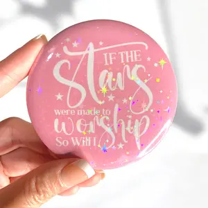 Pocket Mirror Holographic Christian with Inspirational Quote 'If the Stars were Made to Worship So Will I' for Makeup Application