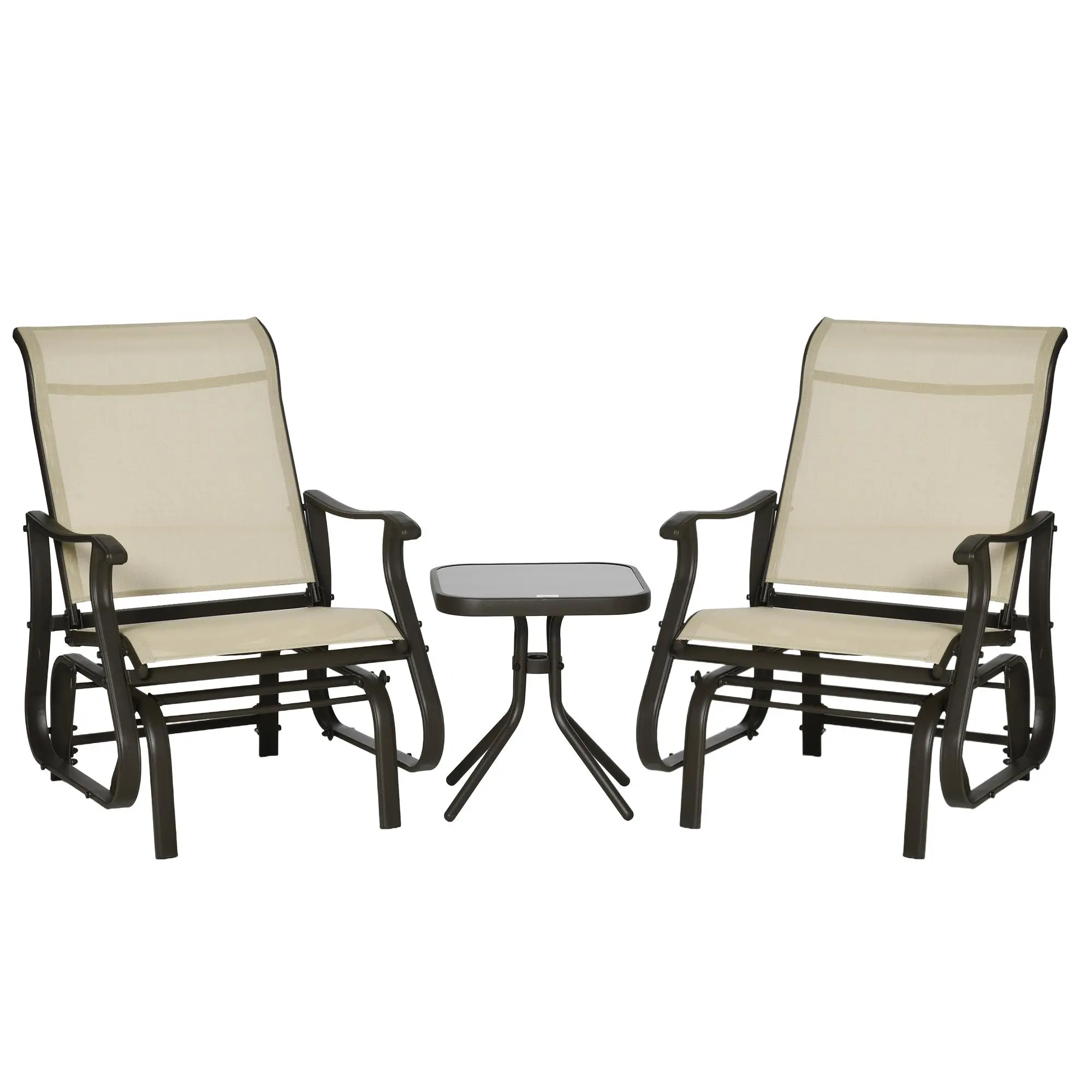 Outsunny 3-Piece Outdoor Gliders Set Bistro Set with Steel Frame, Tempered Glass Top Table for Patio, Garden, Backyard, Lawn, Light Mixed Brown