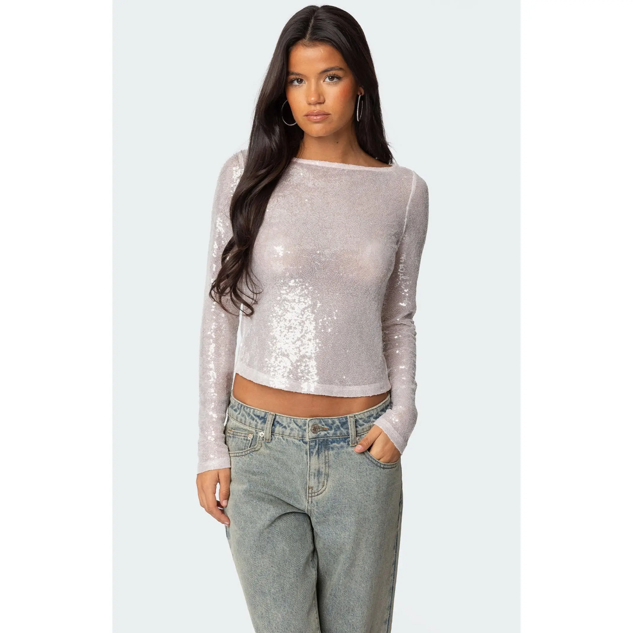 Edikted Women's Sheer Sequin Boat Neck Top