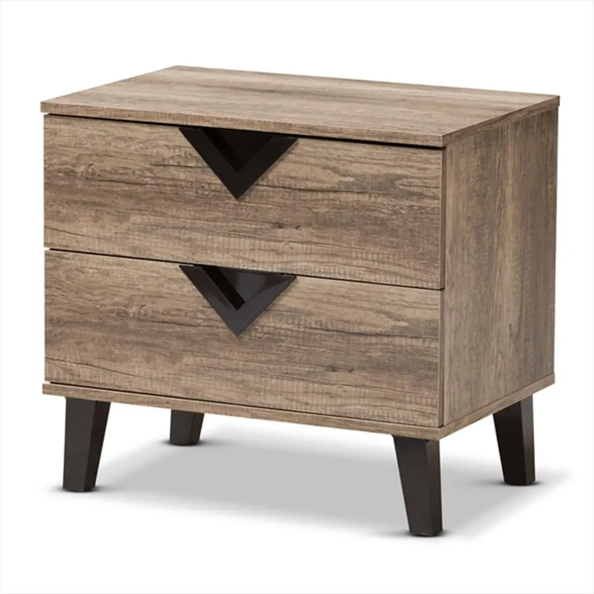 212 MAIN Light Brown Oak Engineered Wood 2-Drawer Nightstand - Side Tables with Storage, Black Triangle Vinyl Handles, Modern Contemporary Design, Angled Legs, Geometric Form, Assembly Required, Indoor Bedroom Furniture, Under Clearance Area