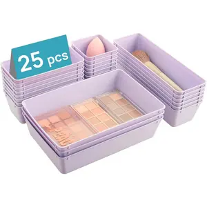 25 PCS Plastic Drawer Organizers Set, 4-Size Versatile Bathroom and Vanity Drawer Organizer Trays, Storage Bins for Makeup, Bedroom, Kitchen Gadgets Utensils and Office
