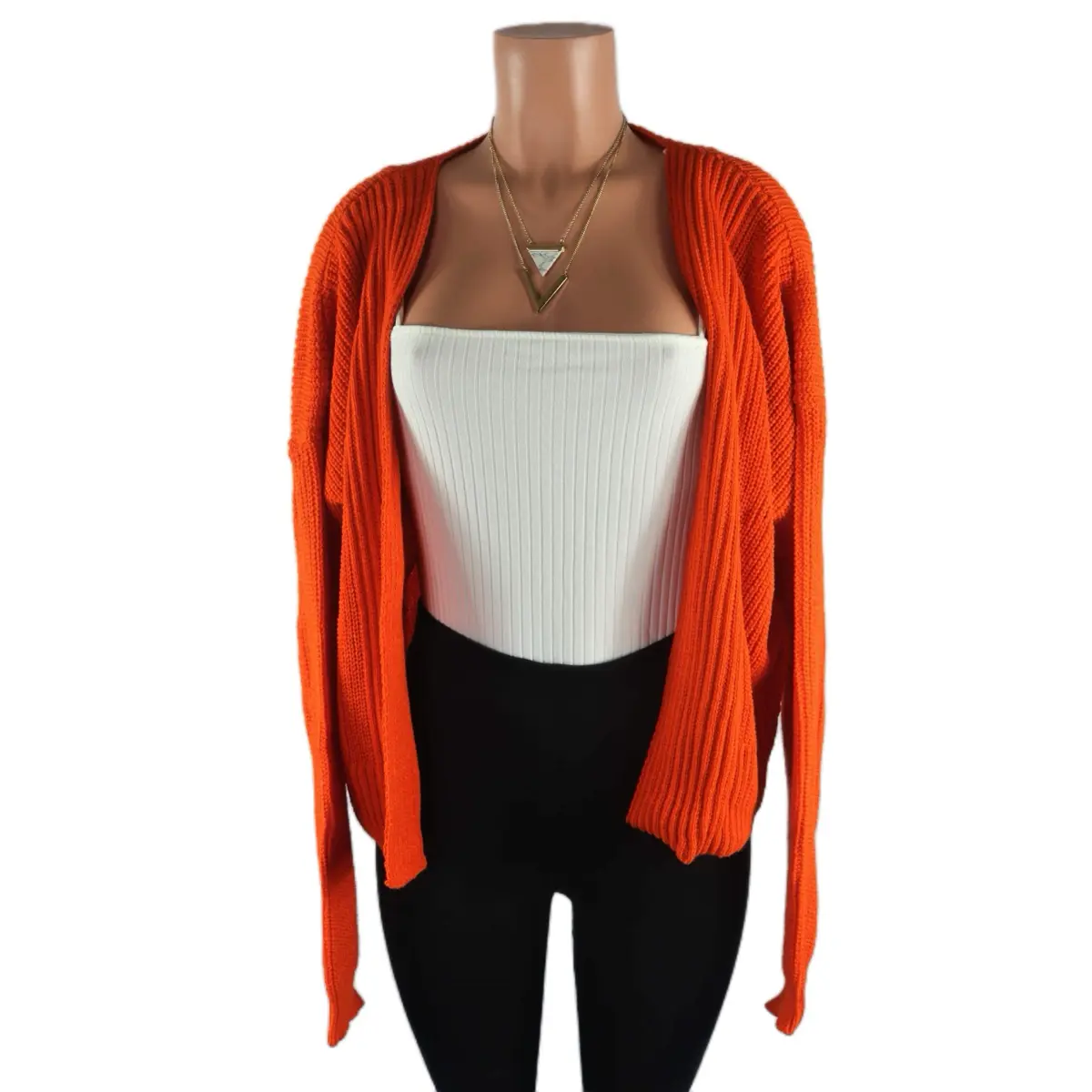 Women's Orange Knit Cardigan with Long Sleeves for Winter - Womenswear Cropped Knitted Knitwear Tops