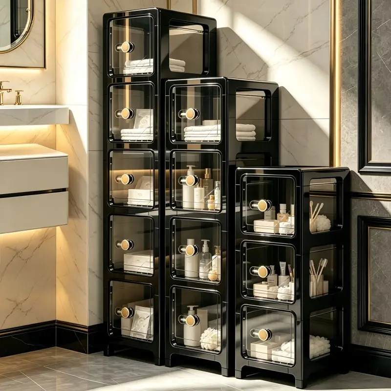 Slim Tall Narrow Storage Cabinet With Clear Pull-out Drawers, Freestanding Multi-tier Plastic Storage Cabinet With Wheels, Space-Saving Bathroom Gap Cabinet With Handles, Storage Organizer Unit For Home Organization In Bathroom, Bedroom, Living Room