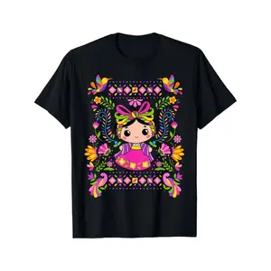 Colorful Mexican Mazahua Lele Maria Folk Art Cotton TShirt Featuring Floral Patterns and Cartoon Graphics for Women