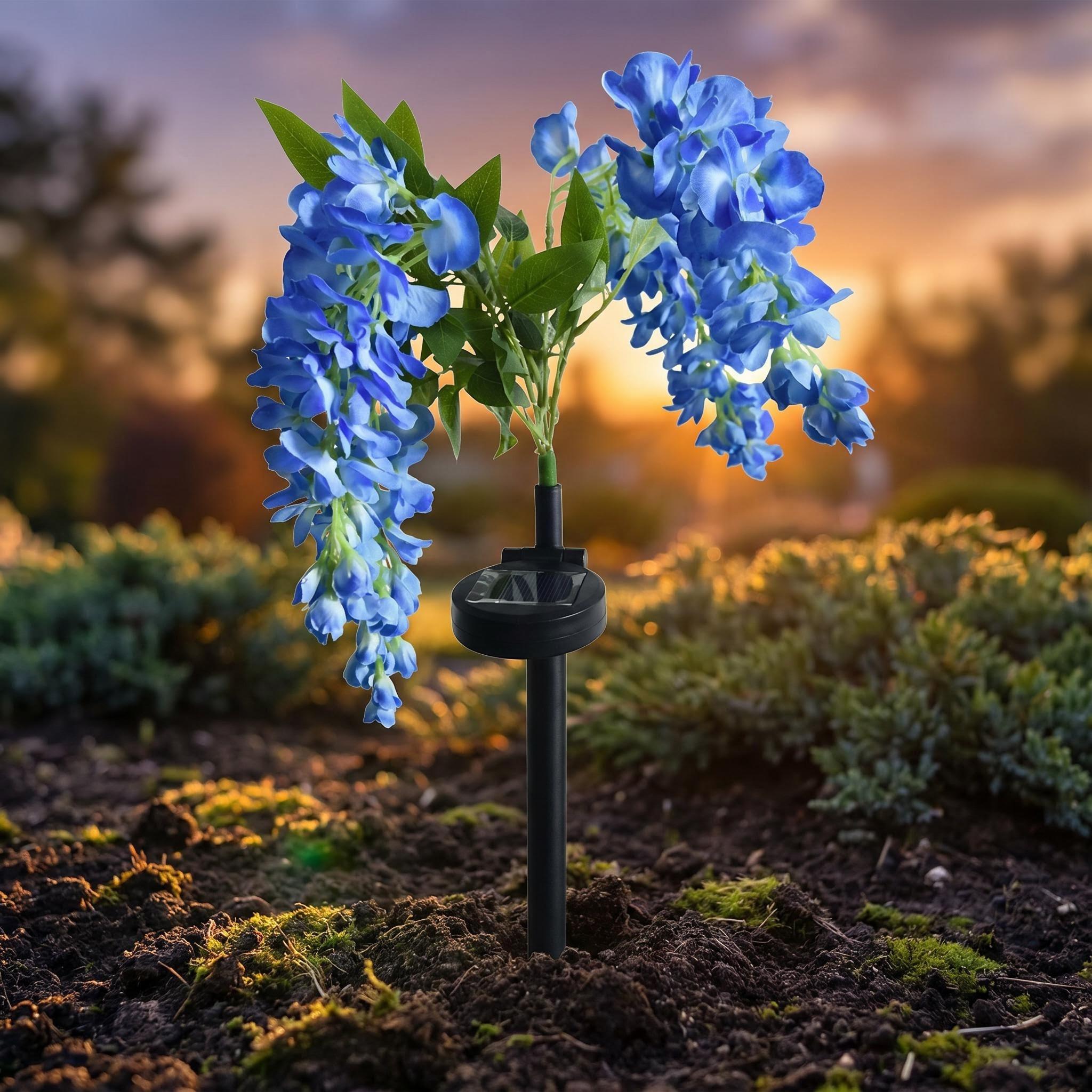 【AshKnoll】Solar Wisteria Flower Bouquets Ground-Stake String Light, Wireless Waterproof Artificial Decor with Ground Insertion for Garden, Patio, Potted Plants