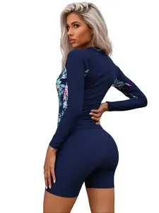Women's Long-Sleeve Rash Guard Swimsuit - 1-Piece, Floral Print, Zipper Front, UV Protection, Modest Slim Fit Athletic Surfing Bathing Suit