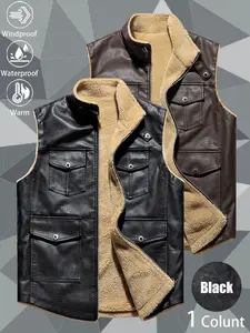 New Men's Casual Fashion Loose-Fit Comfortable Durable Wrinkle-Resistant Windproof Waterproof LeatherJacket Fleece-Lined Versatile Breathable Insulated Motorcycle Vest Ideal for Daily Commuting Wilderness Exploration Hiking and Fishing Outfits christmas