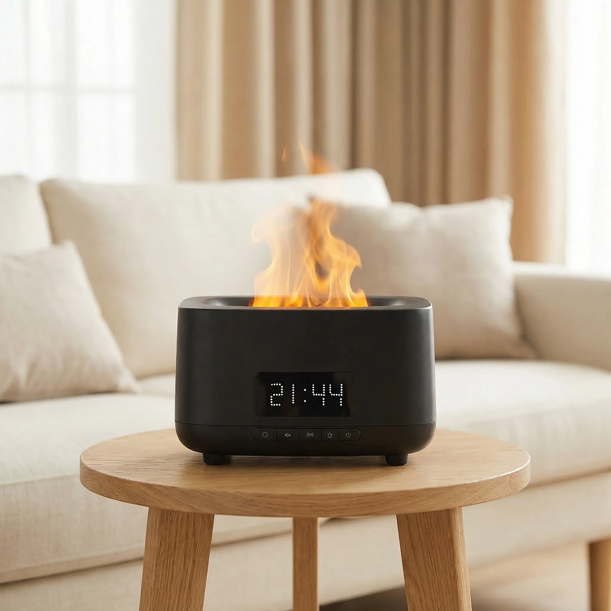 5-in-1 Bluetooth Alarm Clock Flame Humidifying Essential Oil Diffuser – Speaker, Remote