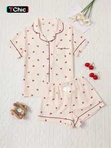 Valentine's Day Women's Pajama Set, Comfortable Cute Elastic Cherry Button Shirt and Pants Two-Piece Sleepwear Loungewear, Short Sleeve Shorts Fall Winter