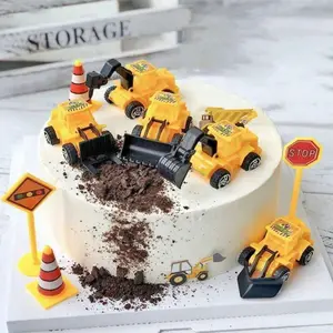 Construction Vehicle Cake Decoration Set, Excavator Bulldozer Roadblock Sign Toy, Construction Theme Party Supplies for Kids Birthday Parties