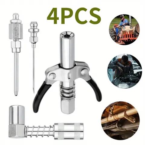 4 Pcs Grease Gun Fitting Kit,Include 90 Degree Grease Gun Coupler Adapter,Double Handles Grease Gun Coupler,Grease Needle,Needle Tip Dispenser Fit 1/8" NPT Grease Gun,Car Repair Tools