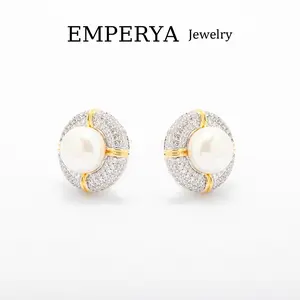 EMPERYA Luxury Pearl & Pave Diamond Stud Earrings | Two-Tone Gold & Silver Celestial Sunburst Design | Elegant Round Pearl Statement Earrings | Sophisticated Jewelry Gift for Women