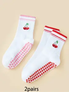 2 pairs Fashion Cherry Embroidered Yoga Socks with Silicone Bottom for Anti-Slip Home Workouts, Suitable for Women's Daily Use and Pilates Socks, Grip Sports Socks