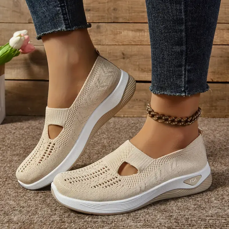 OFIREND | Women's Cut-Out Knit Slip-On Wedge Sneakers, Breathable Mesh Walking Shoes, Lightweight Non-Slip Casual Trainers