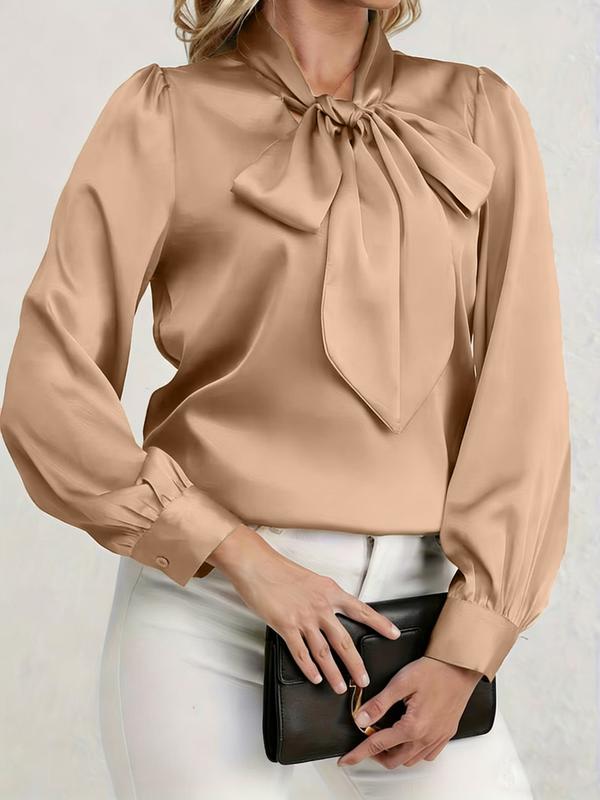 Elegant Satin Blouse with Bow Tie Neck, Fitted Casual Shirt for Work and Dates, Chic Spring & Fall Wardrobe Essential