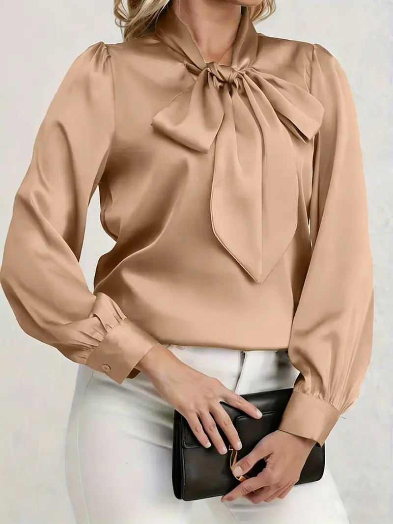 Elegant Satin Blouse with Bow Tie Neck, Fitted Casual Shirt for Work and Dates, Chic Spring & Fall Wardrobe Essential
