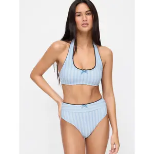 Cider High Stretch Striped Halter Neck Bowknot Bikini Top & Mid Rise Bikini Bottom Set