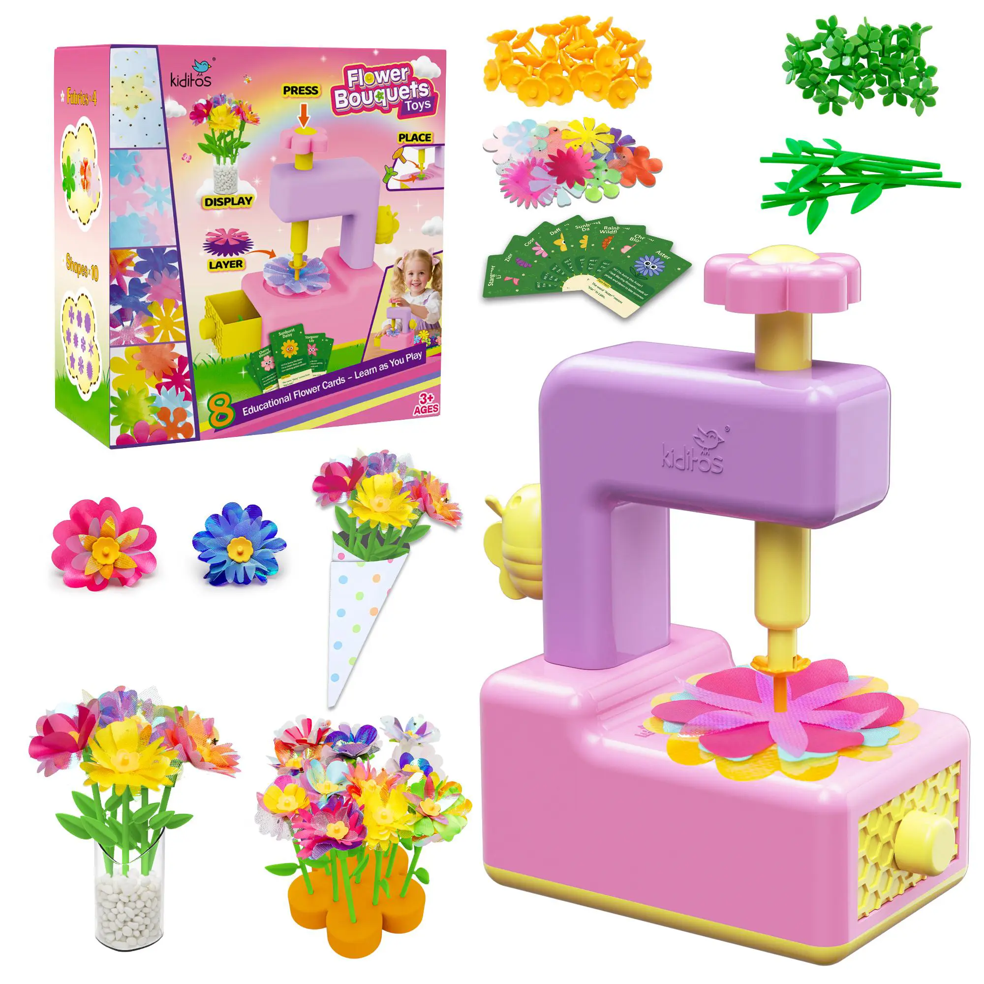 Kiditos DIY Flower Bouquet Kit - Flower Maker Toy for Kids with Easy-Access Drawer & Educational Cards, Realistic Fabric Flower Craft Kit for Room Decor, Arts and Crafts Birthday Gift for Girls 3+