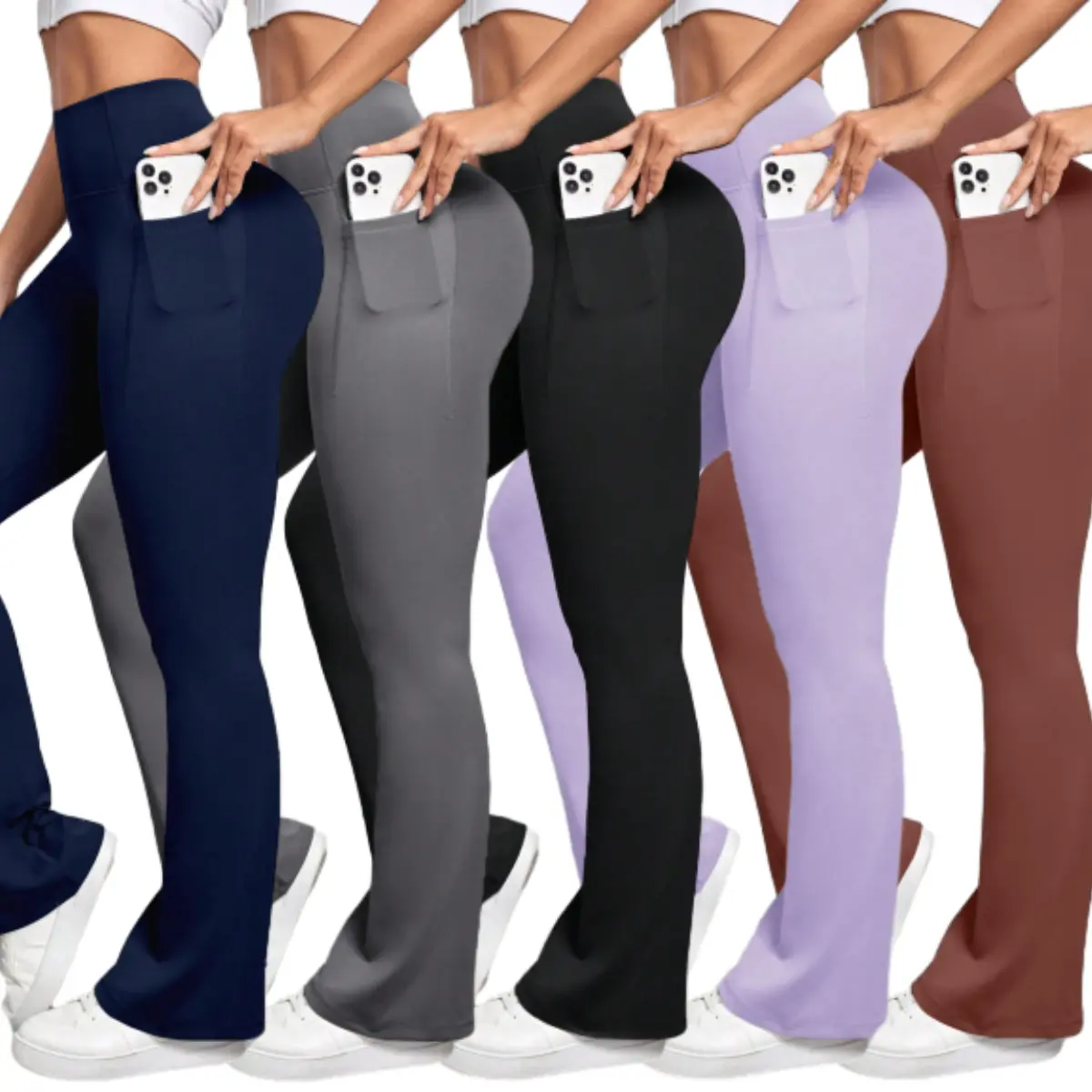 Women's Plain High Waist Flare Leggings - High Stretch Workout Yoga Spandex Activewear Bottoms with Pockets, Gym Yoga Clothing, S-XL Sizes, Ideal for Running & Exercise, Machine Washable Sports Trousers