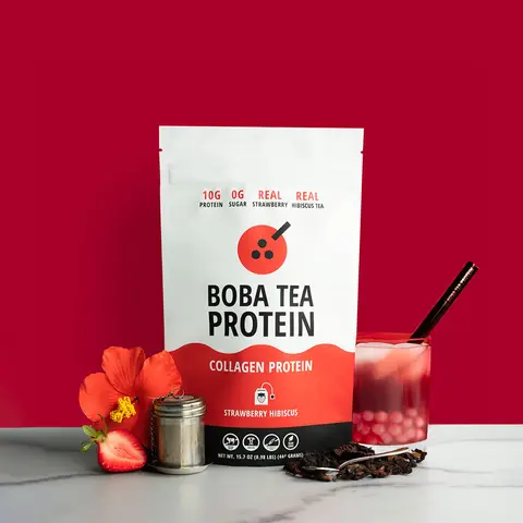 Boba Tea Protein Collagen Beauty Drink - Freeze-Dried Strawberry Hibiscus Botanical Extracts Supplement, 10g Protein, Caffeine-Free, Skin Care Support, Tart-Sweet Refreshing Ice-Cold Sip, Prop 65 Safe Dietary Drink