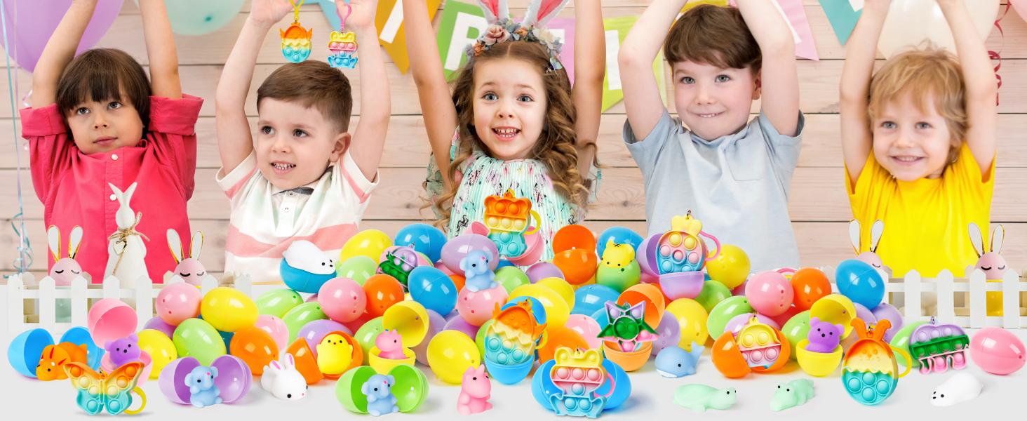 24 Pack Prefilled Easter Eggs with Squishy Toys & Pop Keychains, Kids Easter Basket Stuffers, Easter Egg Hunt Fillers, Party Favors Bulk for Boys & Girls, Easter Gifts