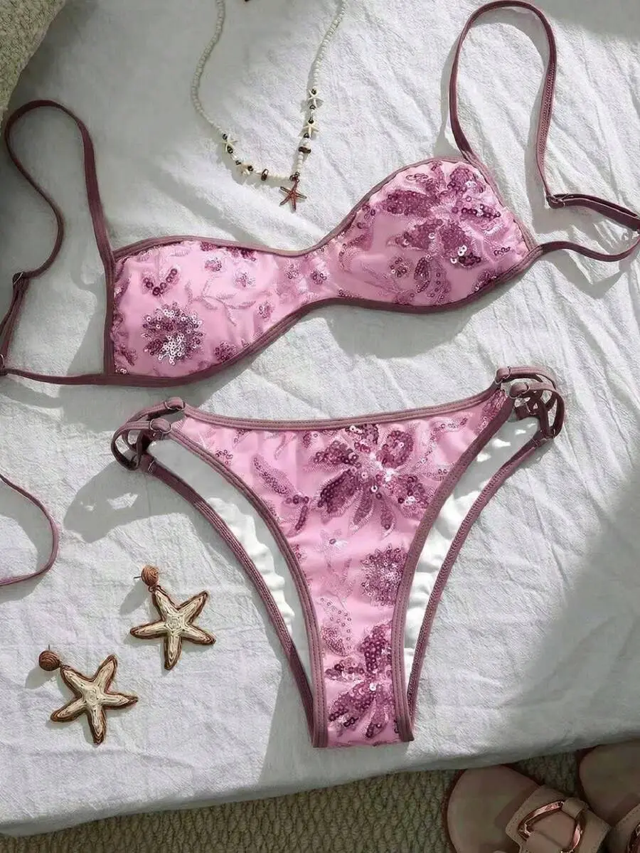 ZERA Swim Vcay Women's Sequin Trim Sexy Bikini Set For Beach Vacation Bikini Alt Bikini Outfits Bikinis Set Rose Bikini Bikini Accessories
