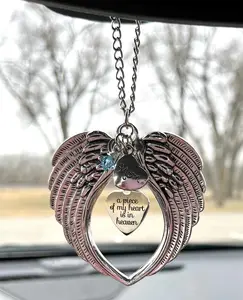 Personalized Angel Wings Memorial Car Charm – “A Piece of My Heart Is in Heaven” – Rearview Mirror Ornament – Remembrance & Sympathy Gift