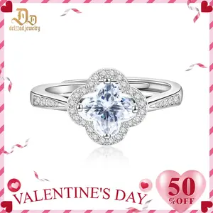 Delzzad Sparkling Adjustable Four-Leaf Clover Cluster Ring Lab-Created Moissanite Engagement Ring S925 Sterling Silver Moissanite Jewelry Perfect Christmas Gift