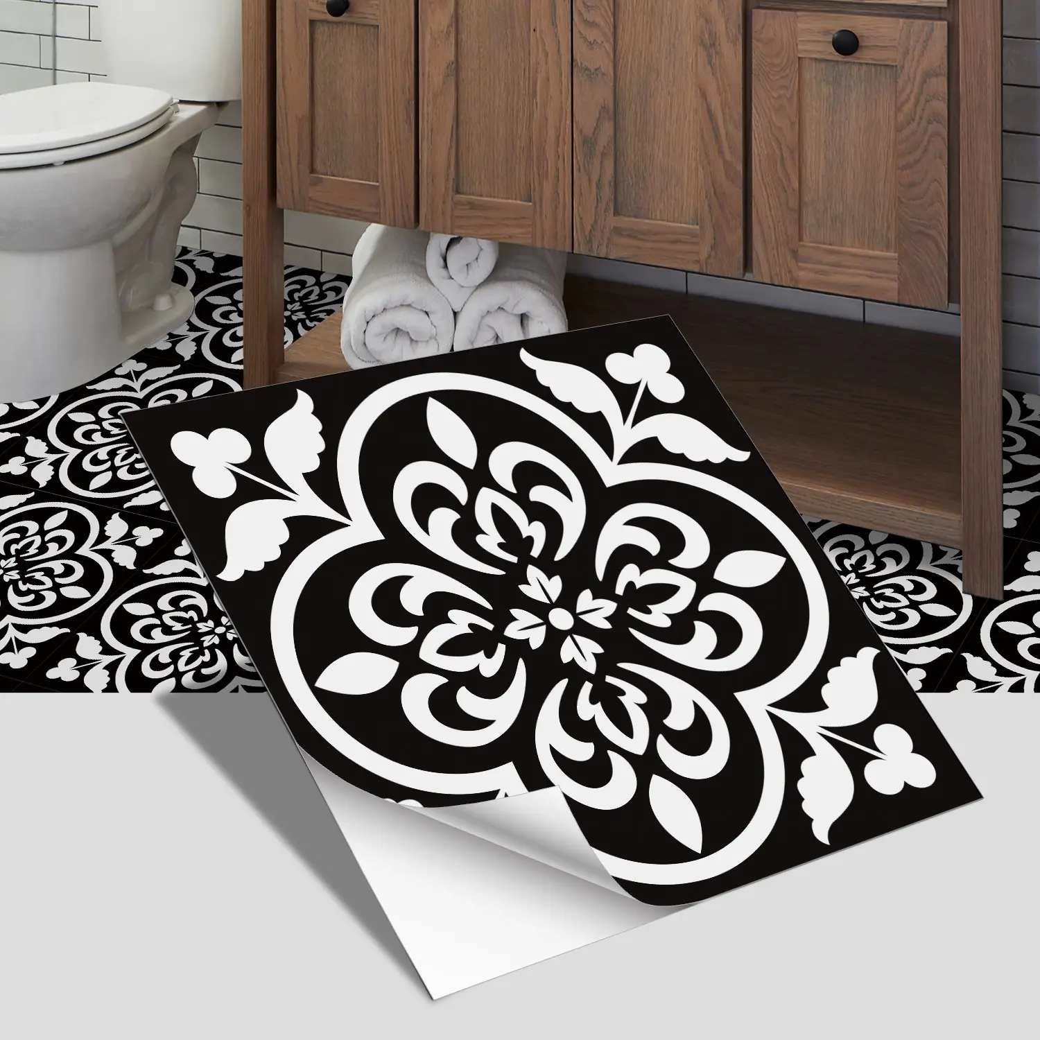 12pcs/24pcs Waterproof Thickened Self-adhesive Floor Tiles, Decorative Floor Sticker, Linear Pattern Design, Suitable for Kitchen Backsplash, Stairs and Bathroom Floor Decoration, 7.87 inches X 7.87 inches, 11.81 inches X 11.81 inches