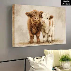 Rustic Highland Calf Decorative Painting - Framed Canvas, featuring two cute calves, designed with a frame and edged canvas, suitable for living room decoration, Valentine's Day gift, and Scottish cow-themed home decor, 2D flat effect