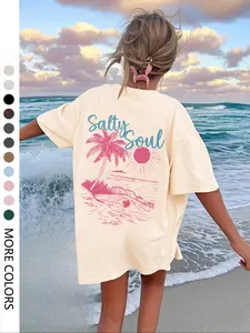 Women's Palm Tree & Sun Print Round Neck Tee, Casual Short Sleeve Crew Neck T-shirt for Summer, Fashion Women's Top for Beach Vacation, Womenswear, Casual Loose Tee, Casual Summer Style