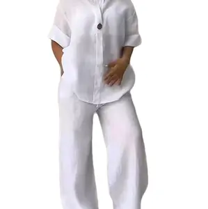 Two-piece Cotton Linen 3/4 Sleeve Shirt and Pants Set in White Color Womenswear Outfit Casual Elegance Clothes Loose Style Suits