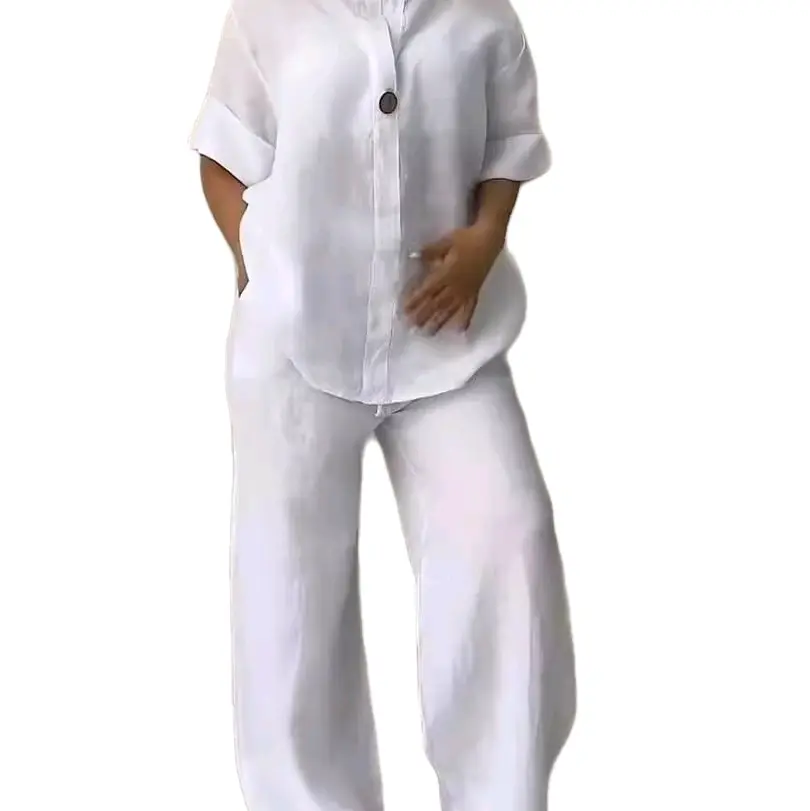 Two-piece Cotton Linen 3/4 Sleeve Shirt and Pants Set in White Color Womenswear Outfit Casual Elegance Clothes Loose Style Suits