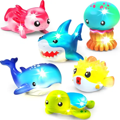 Tub Works 6-Pack Sea Crew LED Light-Up Bath Toys for Infants - PVC Water-Activated Flashing Color-Changing Sensory Toddler Toys with Easy-Grip Animal Designs (Whale, Pufferfish, Jellyfish, Axolotl)