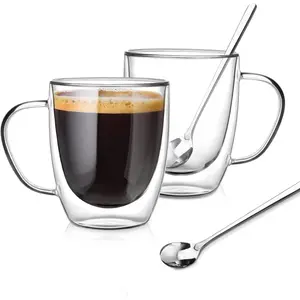 Large Double Wall Glass Coffee Mugs 18 oz, Clear Coffee Cup With Handle,Insulated Coffee Mugs Set of 2 With Spoons  for Espresso, Cappuccino, Latte, , Bag, Beverage