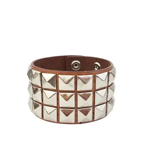 Chrome Studded Leather Cuff Bracelet with Silver Studs and Brown Leather Strap for Stylish Accessory