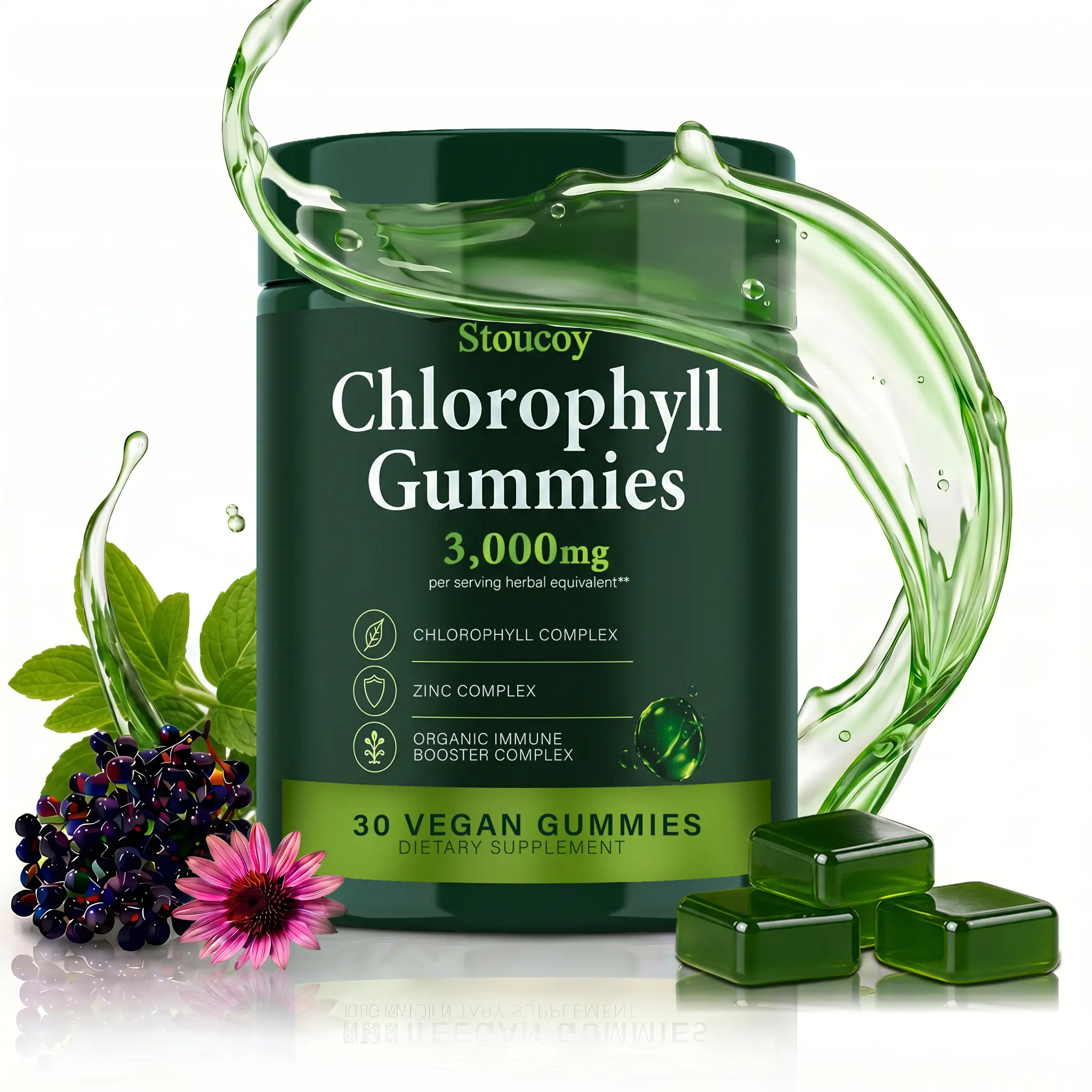 Chlorophyll Gummies Super Green with Wheat Grass,Sea Moss, Unfiltered ACV, Elderberry, Echinacea, ZincComplex & Vitamins D3, C, E, B12 for Natural Deodorant,Immune & Digestion Support, 30 Gummies