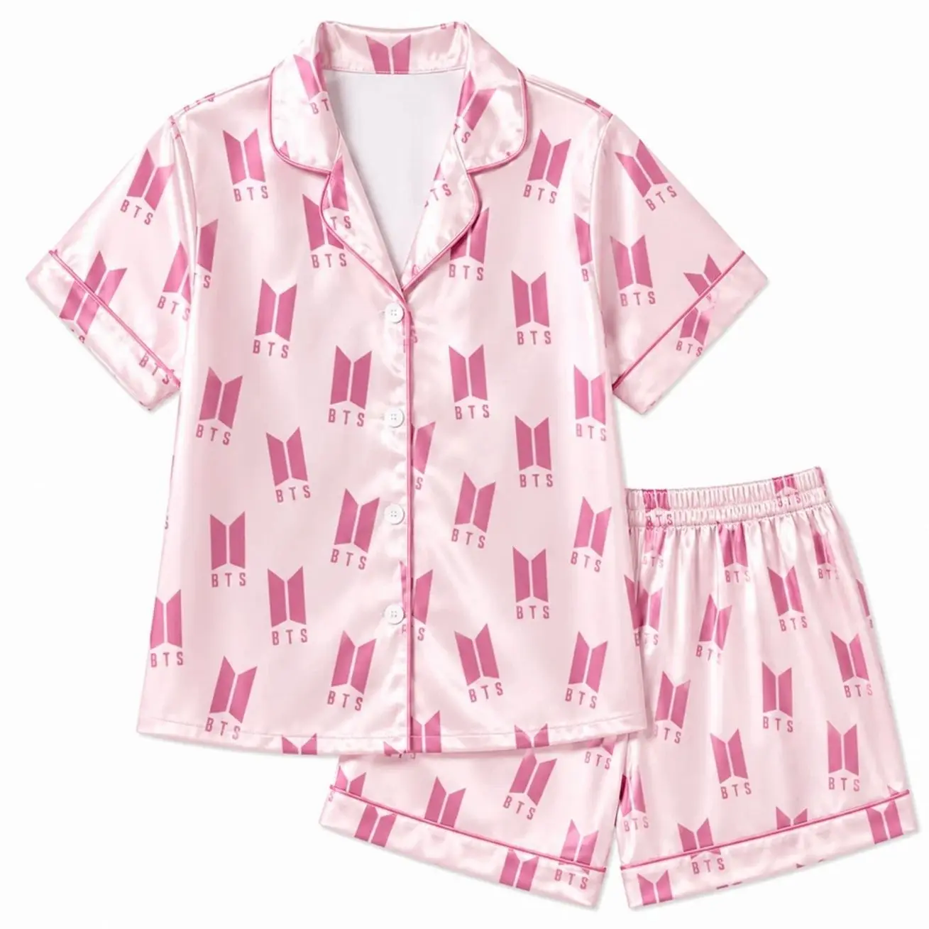 Pink Satin Pajama Short Set Women Kpop Army Logo Sleepwear Gift