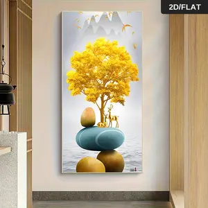 Golden Fortune Tree Canvas Wall Art Modern Minimalist Living Room Decor Nordic Style Home Decoration Frameless Canvas Painting with Lucky Deer and Landscape 2D Flat Wall Art