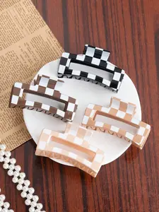 Women's Chessboard Design Hair Claw Clips Set, High-End Daily & Vacation Hairstyle Accessories, Perfect for Women