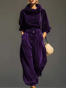 Fashion Velvet Hooded Long Sleeve Drawstring Pants Casual Set, Stylish Velour Tracksuit for Women, Comfortable and Trendy, Sweatsuit Set Outfit