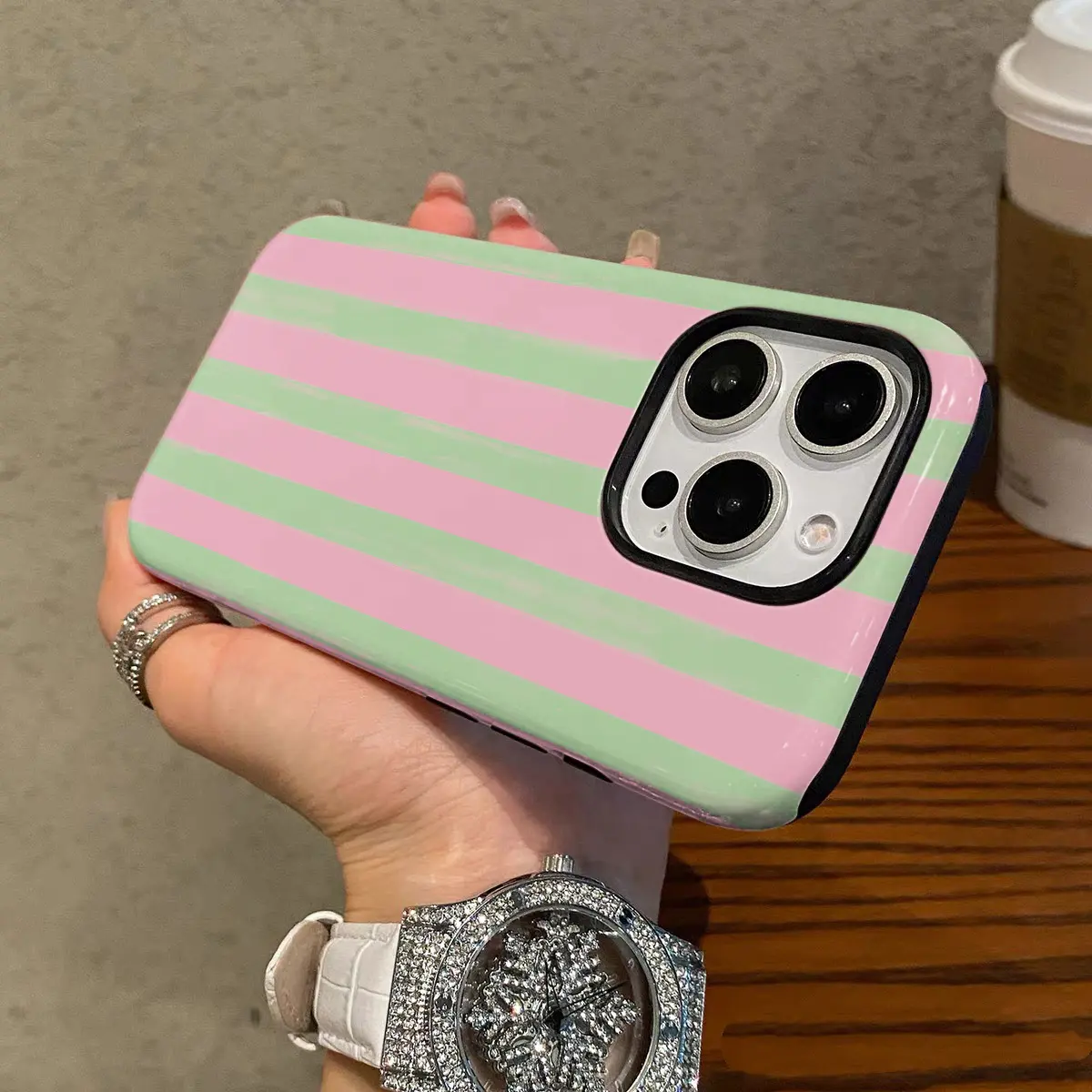 Stylish Smartphone Cellphone Case - Pink & Green Striped Color Block, Street-Style Protection Accessory, Compatible with iPhone 16 Pro Max,15 Pro,13,11,12,XS,8 Plus,7 & Samsung Galaxy S25