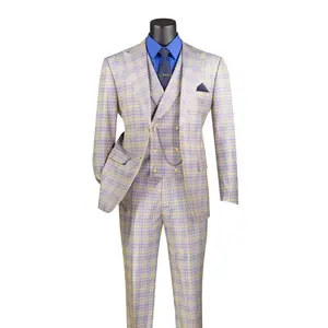 Men’s Blue Modern Fit Windowpane 3-Piece Suit with Double-Breasted Vest MV2W-3