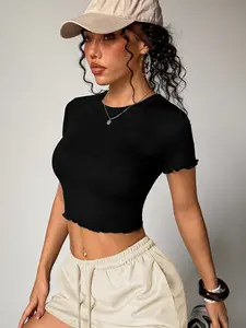 Women's Summer Sporty Casual Round Neck Wave Hem Slim Fit Elastic Short Sleeve Modal Ribbed T-Shirt, Comfortable and Stylish Top