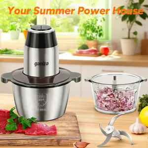 Ganiza Food Processor with 8 Cup Glass Bowls & 8 Cup Stainless Steel 2-Speed Food Chopper Meat Grinder Upgraded Button & Smart Overheat Protection Light - Includes Clean Brush 2 Sets of Blades
