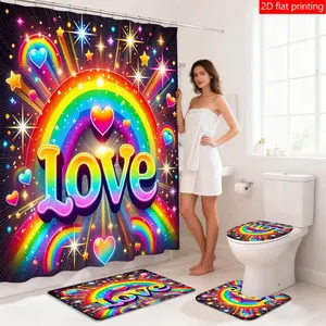 1PC/4PCS Heart Rainbow Sparkle Shower Curtain Set, Personalized Home Bathroom Decoration, Waterproof Fabric Shower Curtain Set with 12 Hooks, Non-slip Bathroom Rug, U-shaped Toilet Mat, Toilet Lid Mat, Bathroom Decor, Holiday Decoration