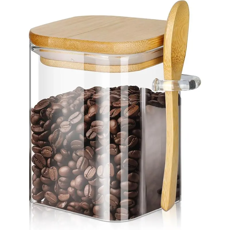 Glass Jars with Bamboo Lids and Spoons, 18.26 oz Borosilicate Glass Jars Containers, Reusable Airtight Clear Kitchen Food Storage Canister for Cookie, Candy, Coffee Bean, Sugar, Matcha Tea, Spices, Dry Goods, Airtight Container Set