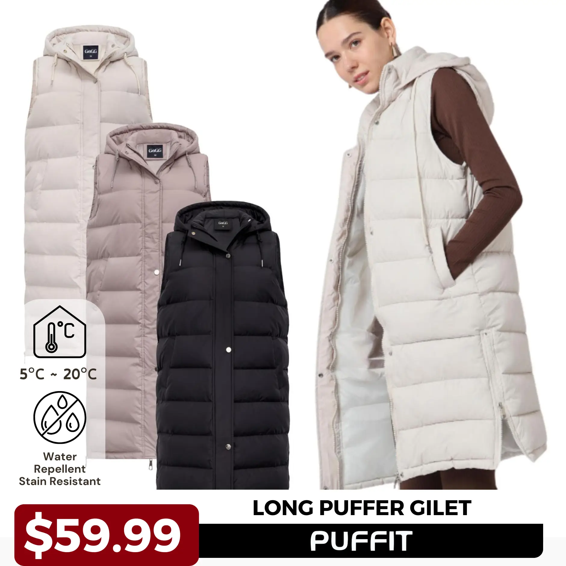 PUFFIT Winter Warmer Slim Side Zip Long Puffer Vest Womenswear Tops, Hooded Casual Plain Color Sleeveless Lightweight Quilted Outerwear with Pockets #