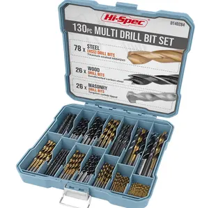 Hi-Spec Drill Bit Set 130pc Multi SAE – 11 Sizes 1/16in to 3/8in – HSS Titanium, Masonry & Brad Point Steel Bits – Drill Bits for Metal, Wood, Plastic, Drywall, Brick & Concrete – with Tray Case