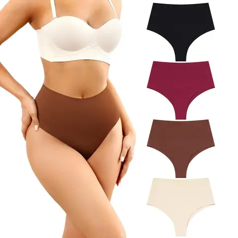 LEVAO 4 Pack Gentle Tummy Control for Women Shapewear, Women's High Waist Seamless Thongs, Shaper Panties, No Show Postpartum Underwear